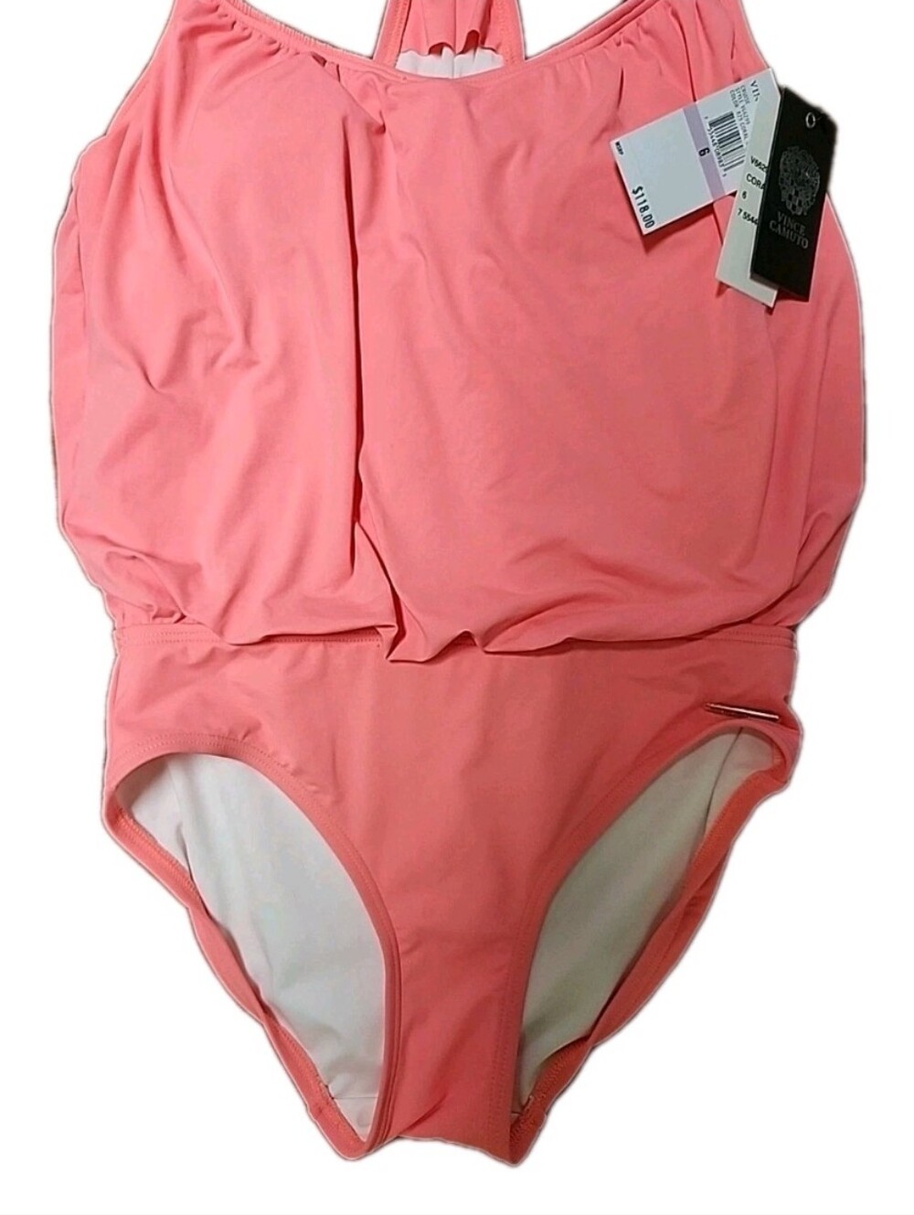 NWT Vince Camuto Collins Luxe Chain Strap Blouson 1 Pc Coral Sugar Swimsuit Sz6 - Picture 6 of 11